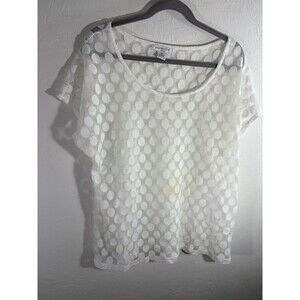 Liz Claiborne White Coin Spot  Polka Dot Short Sleeve Sheer Top Womens Size 1X